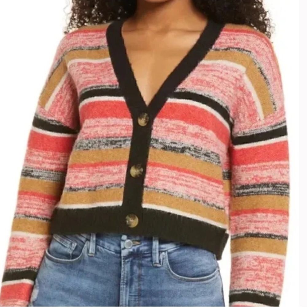 BP Black Marl Stripped Crop Cardigan Sweater NWT